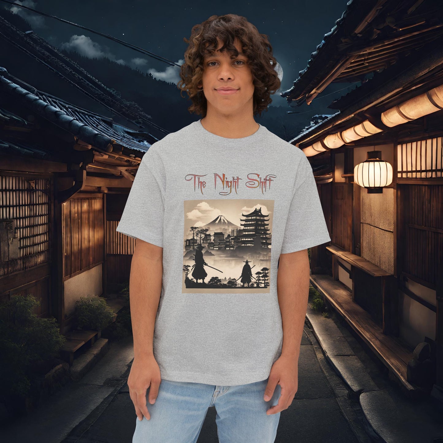Samurai Silhouette-Premium, Ultra Soft Unisex Oversized Boxy Tee Athletic Heather Printify by The Night Shift Automotive Apparel