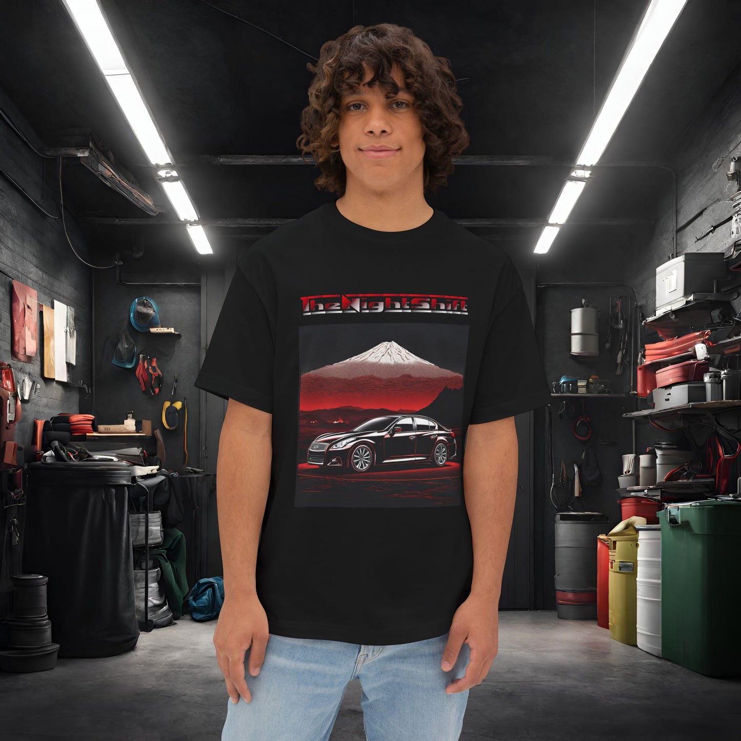 Infiniti G37 Sedan Mt Fuji-Premium, Ultra Soft, Unisex Oversized Boxy Tee Black Printify by The Night Shift Automotive Apparel
