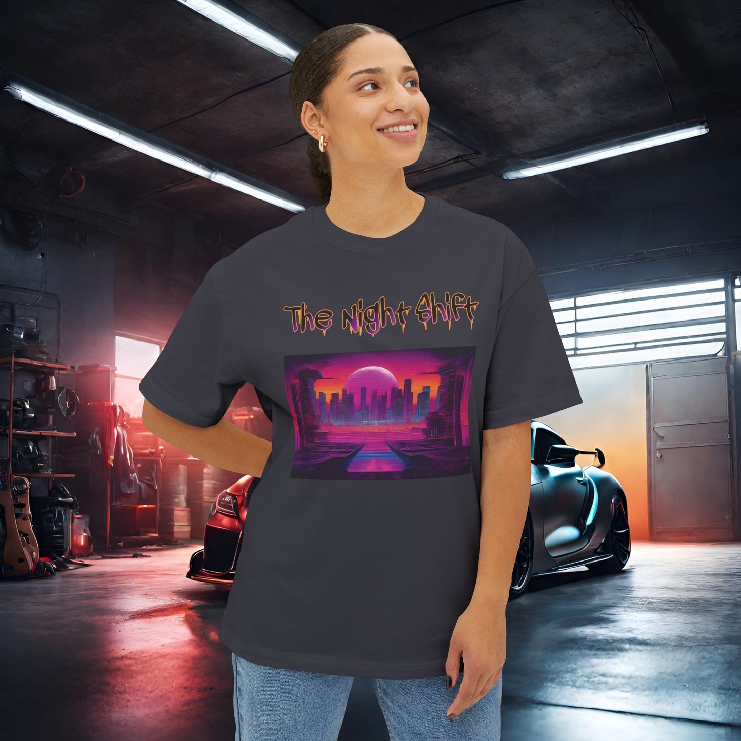 Moonlight City Synthwave-Premium, Ultra Soft Unisex Oversized Boxy Tee Printify by The Night Shift Automotive Apparel