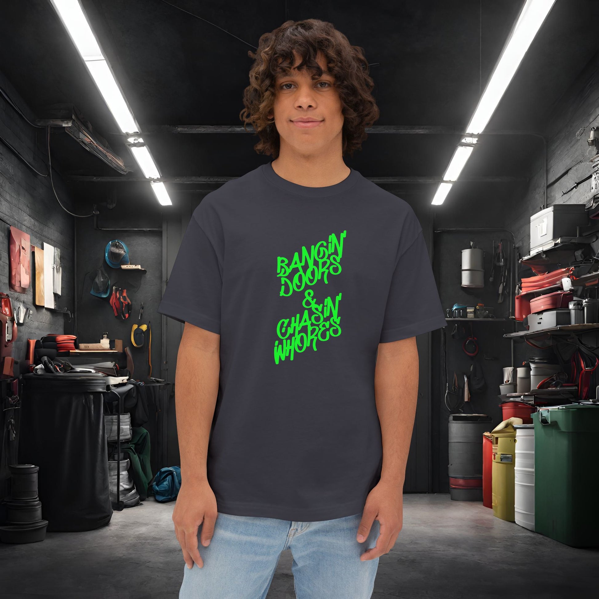 Bangin' Doors & Chasin' Whores-Premium, Ultra Soft Unisex Oversized Boxy Tee Dark Grey Printify by The Night Shift Automotive Apparel