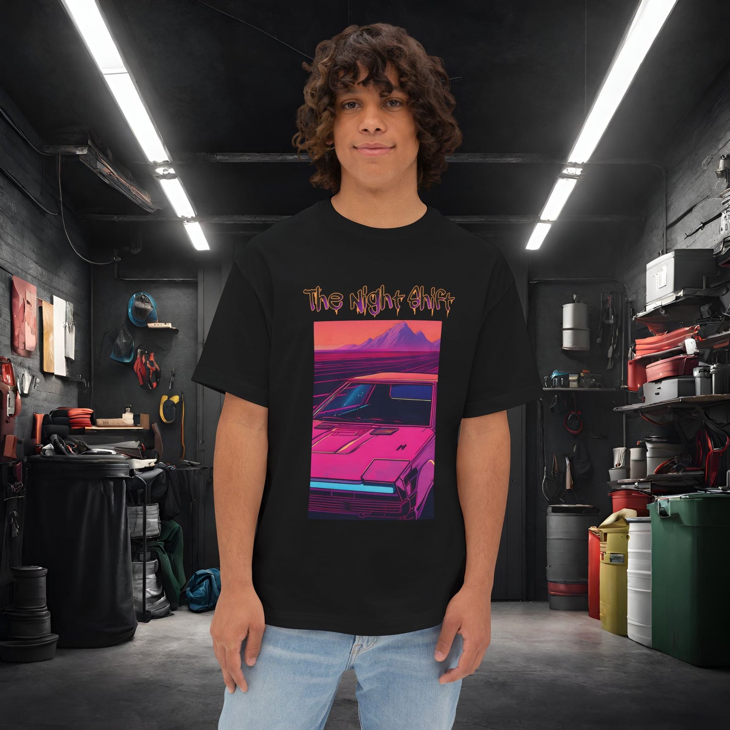 Nostalgic Synthwave-Premium, Ultra Soft Unisex Oversized Boxy Tee Black Printify by The Night Shift Automotive Apparel