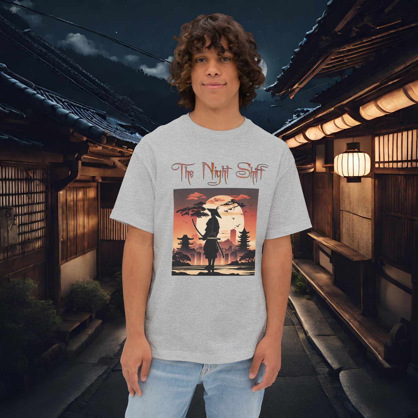 Samurai Full Moon Silhouette-Premium, Ultra Soft Unisex Oversized Boxy Tee Athletic Heather Printify by The Night Shift Automotive Apparel