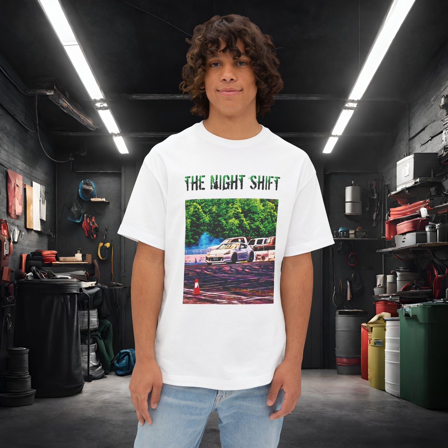 Nissan 370z Drifting Nedco NHMS-Premium, Ultra Soft Unisex Oversized Boxy Tee White Printify by The Night Shift Automotive Apparel