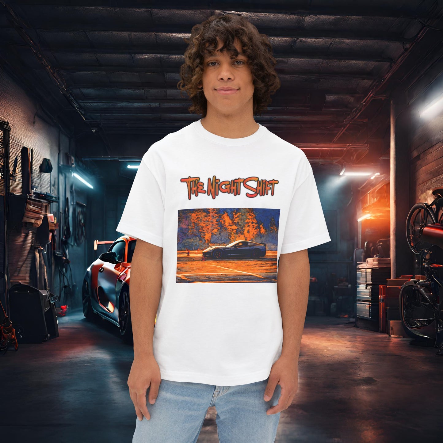Chevy Corvette C7 Drifting Nedco NHMS-Premium, Ultra Soft Unisex Oversized Boxy Tee White Printify by The Night Shift Automotive Apparel