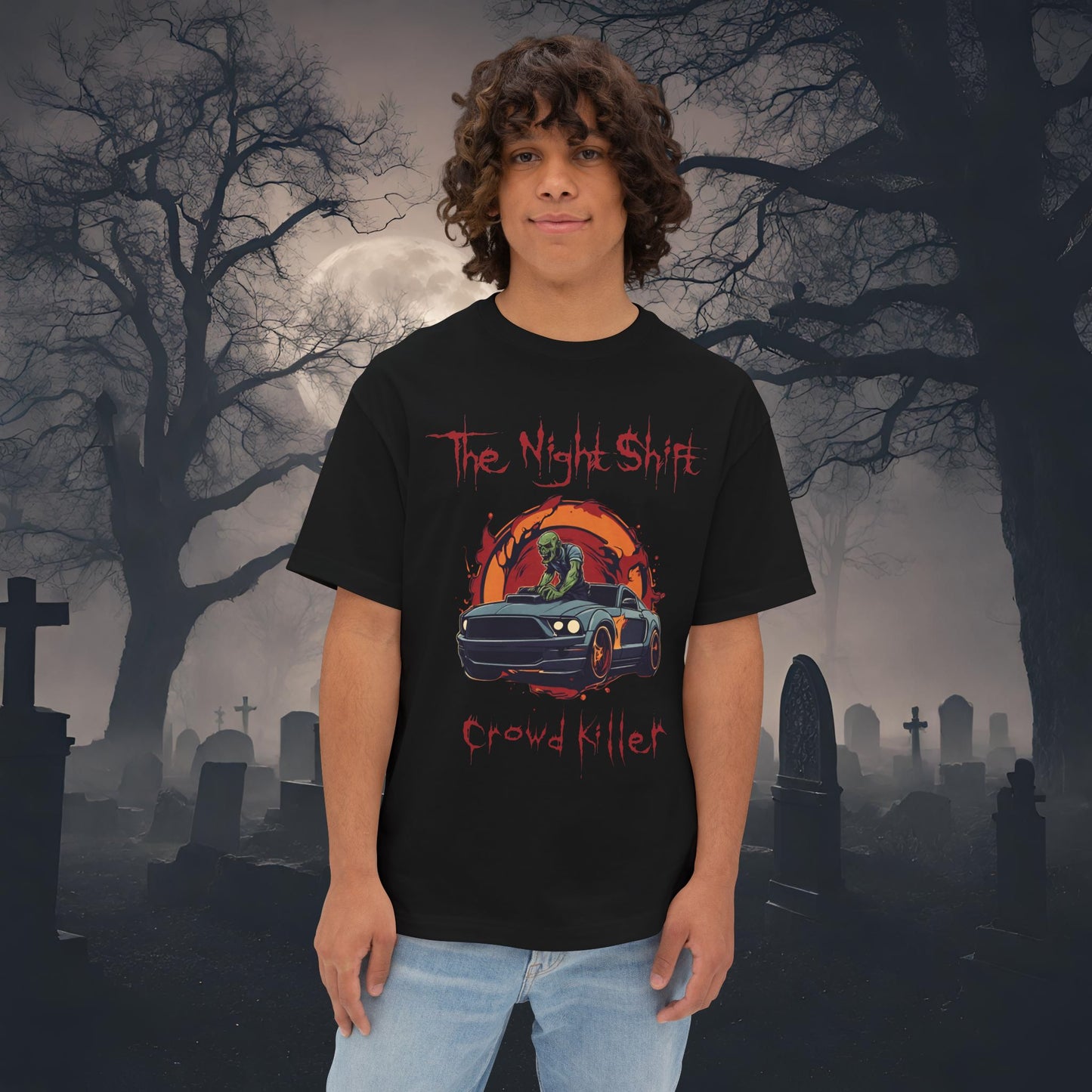 Crowd Killer Zombie Mustang-Premium, Ultra Soft Unisex Oversized Boxy Tee Black Printify by The Night Shift Automotive Apparel