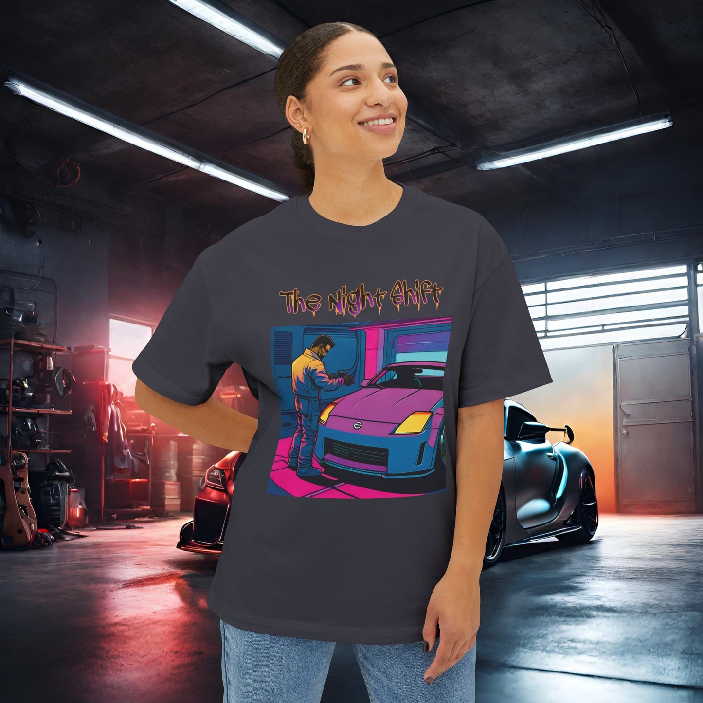 Nissan 350z Garage Queen Synthwave-Premium, Ultra Soft Unisex Oversized Boxy Tee Printify by The Night Shift Automotive Apparel