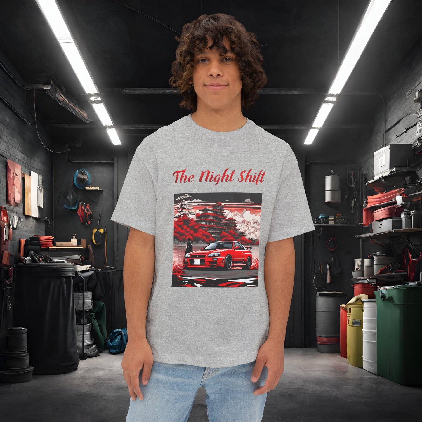 Nissan Skyline R34 Cherry Blossom-Premium, Ultra Soft, Unisex Oversized Boxy Tee Athletic Heather Printify by The Night Shift Automotive Apparel