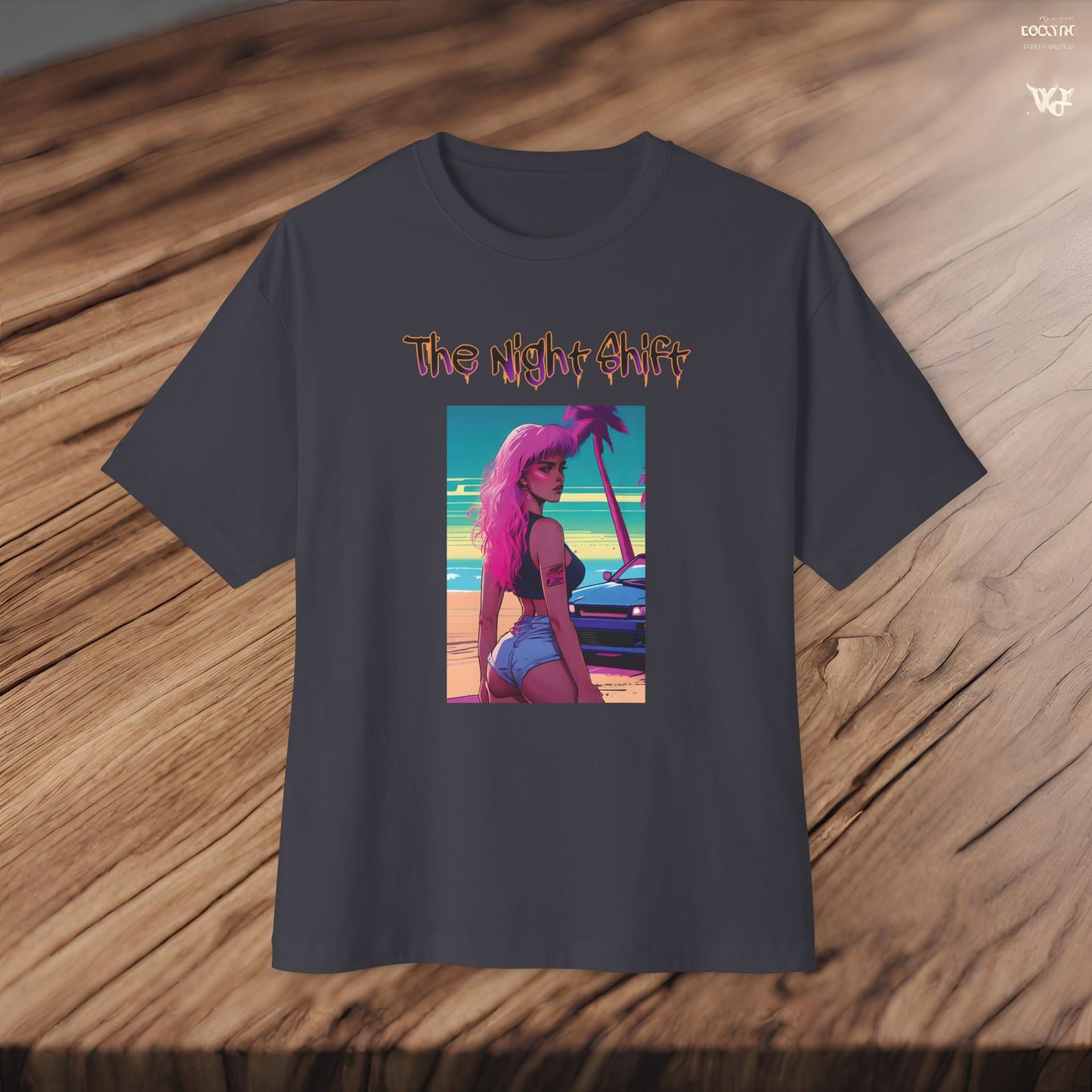 Pink Hair, Don't Care Synthwave-Premium, Ultra Soft Unisex Oversized Boxy Tee Printify by The Night Shift Automotive Apparel