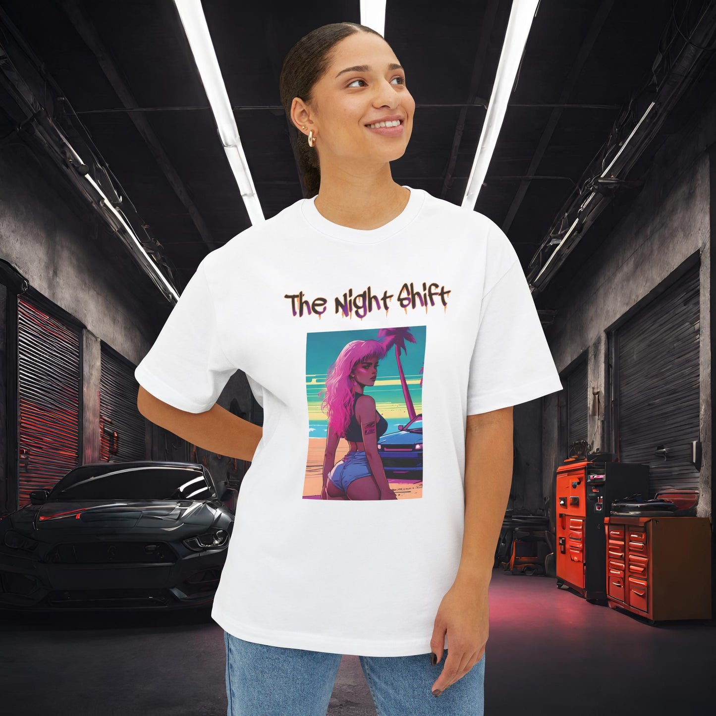 Pink Hair, Don't Care Synthwave-Premium, Ultra Soft Unisex Oversized Boxy Tee Printify by The Night Shift Automotive Apparel