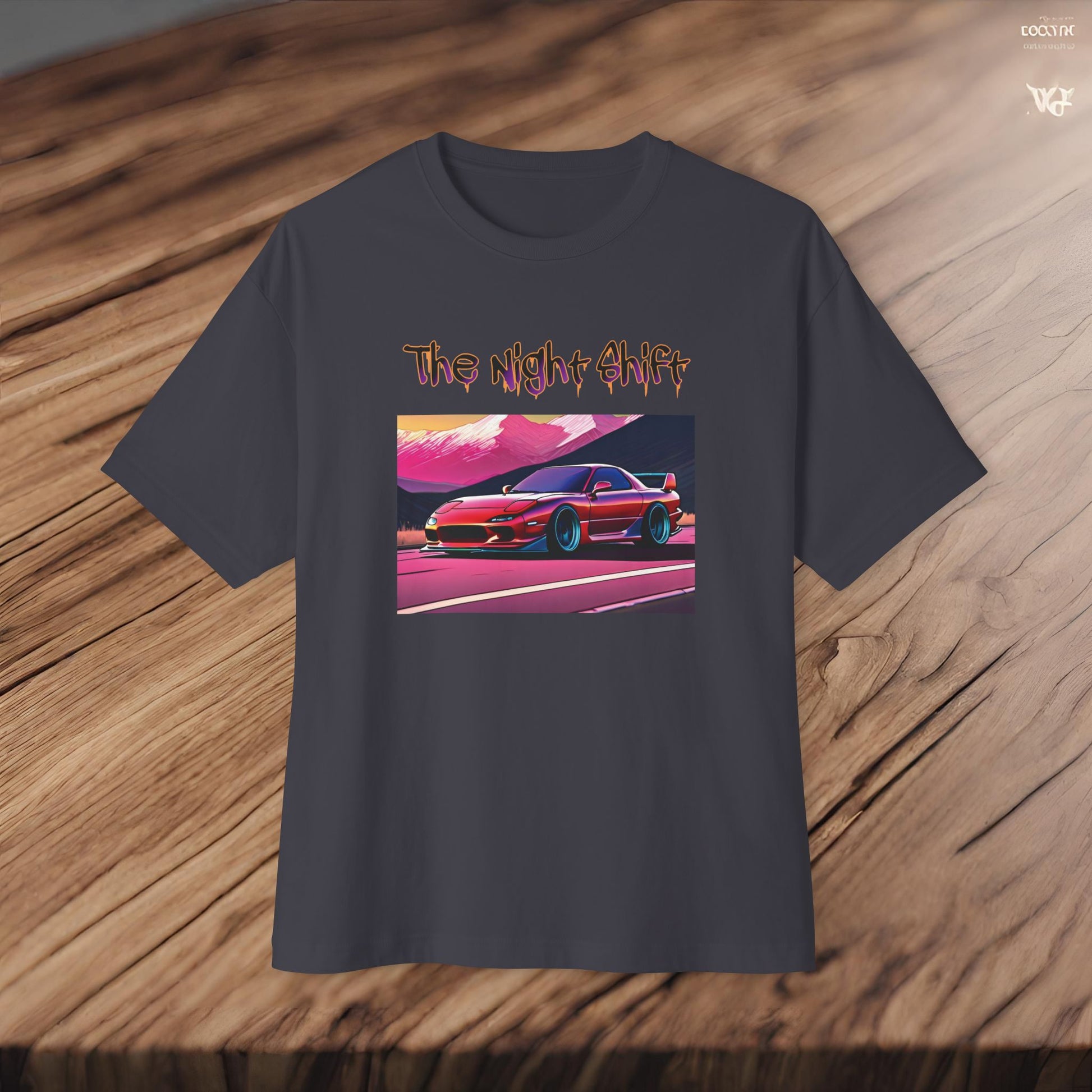 Mazda RX7 Synthwave-Premium, Ultra Soft Unisex Oversized Boxy Tee Printify by The Night Shift Automotive Apparel