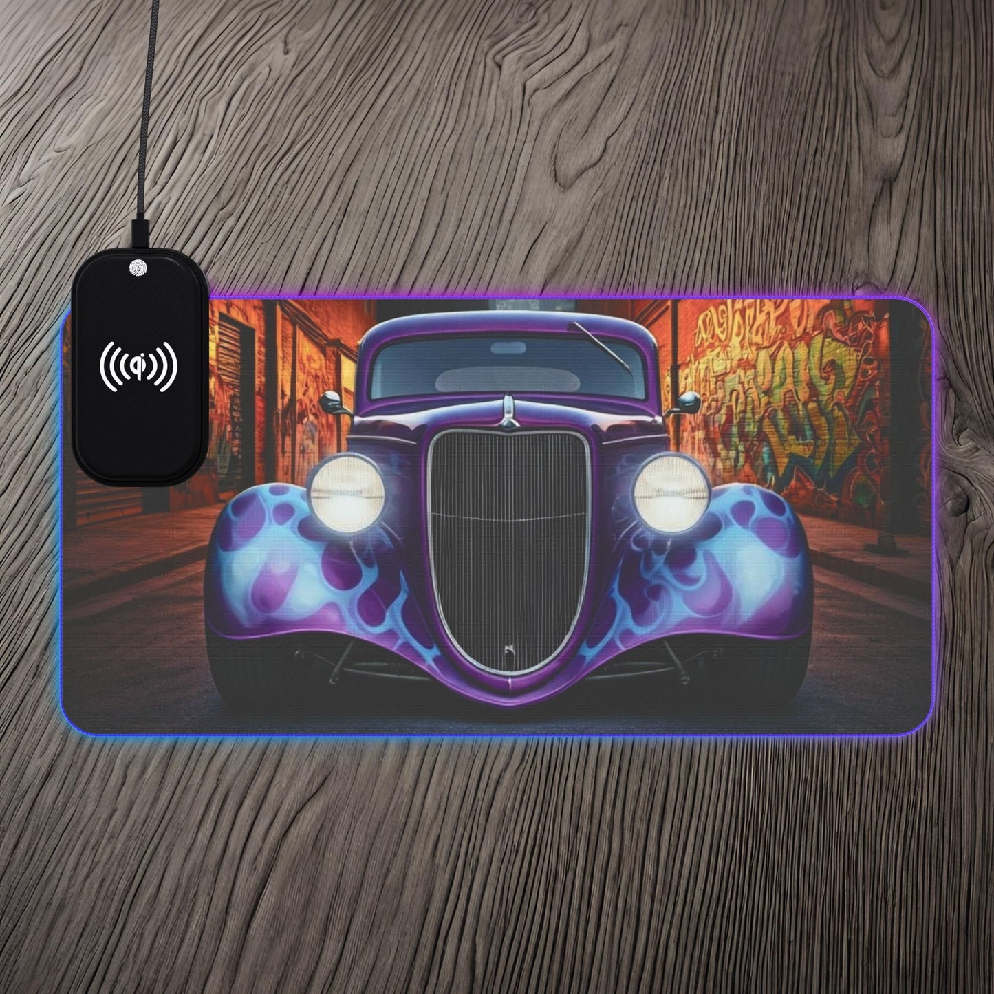 1934 Ford 3 Window Coupe Street Life-LED Gaming Mouse Pad with Wireless Charging 23.6" × 11.8" Rectangle 15W Printify by The Night Shift Automotive Apparel