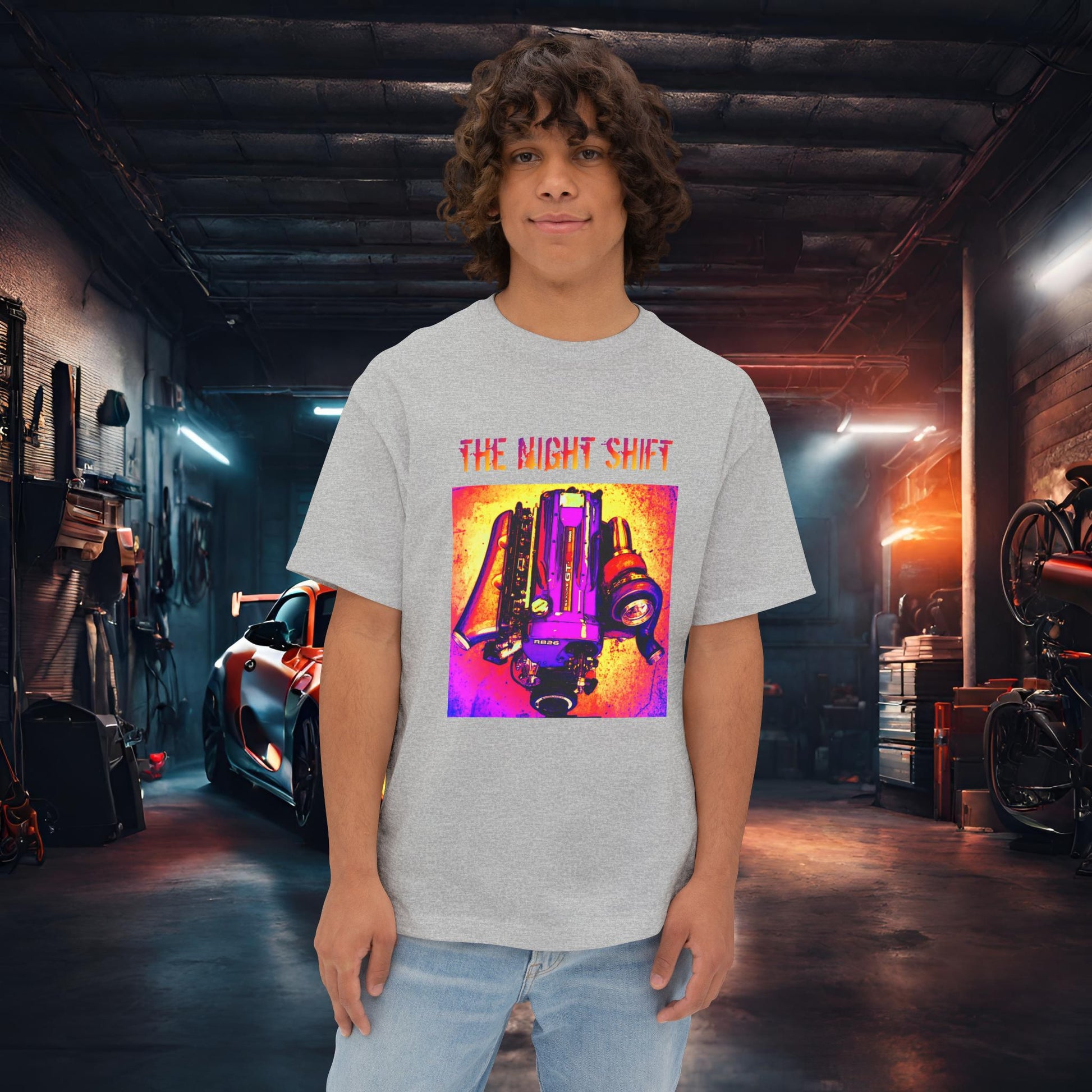 RB26DETT Synthwave-Premium, Ultra Soft Unisex Oversized Boxy Tee Athletic Heather Printify by The Night Shift Automotive Apparel