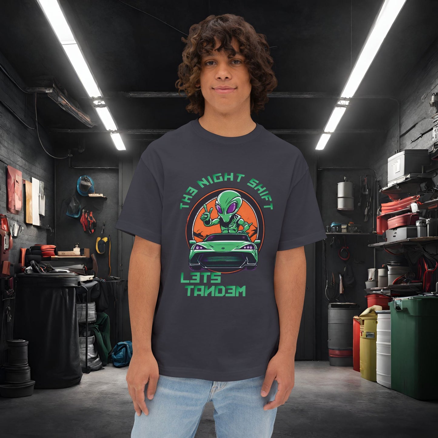 Lets Tandem Alien-Premium, Ultra Soft, Unisex Oversized Boxy Tee Dark Grey Printify by The Night Shift Automotive Apparel