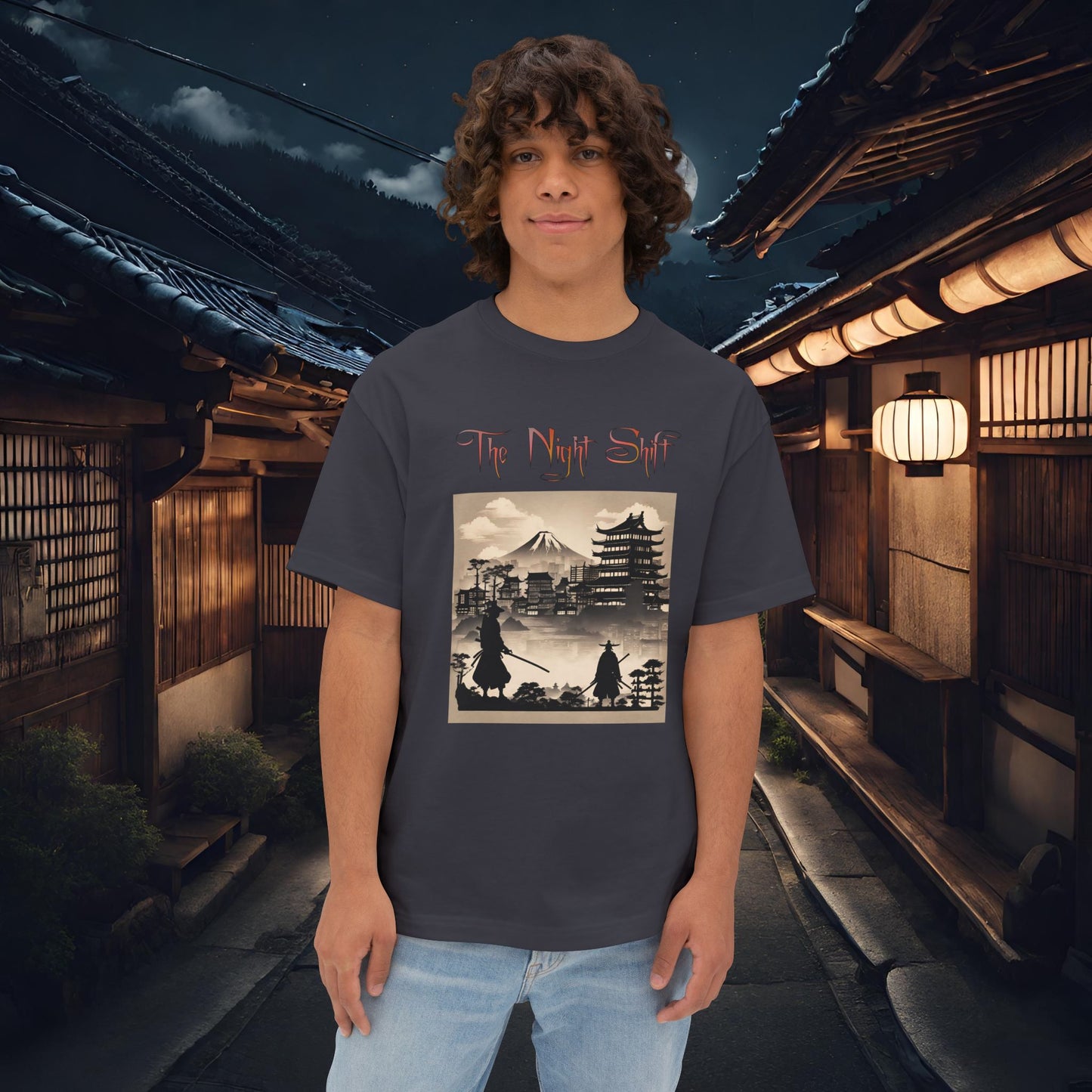 Samurai Silhouette-Premium, Ultra Soft Unisex Oversized Boxy Tee Dark Grey Printify by The Night Shift Automotive Apparel