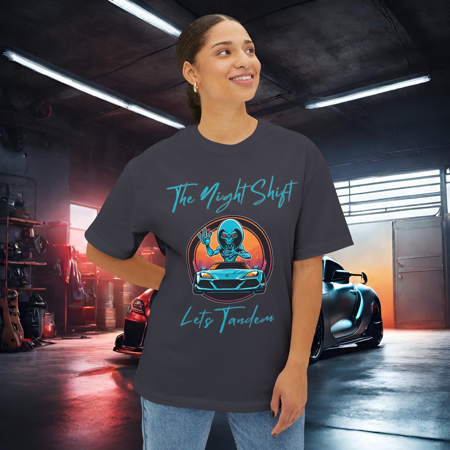 Lets Tandem Alien-Premium, Ultra Soft Unisex Oversized Boxy Tee Printify by The Night Shift Automotive Apparel