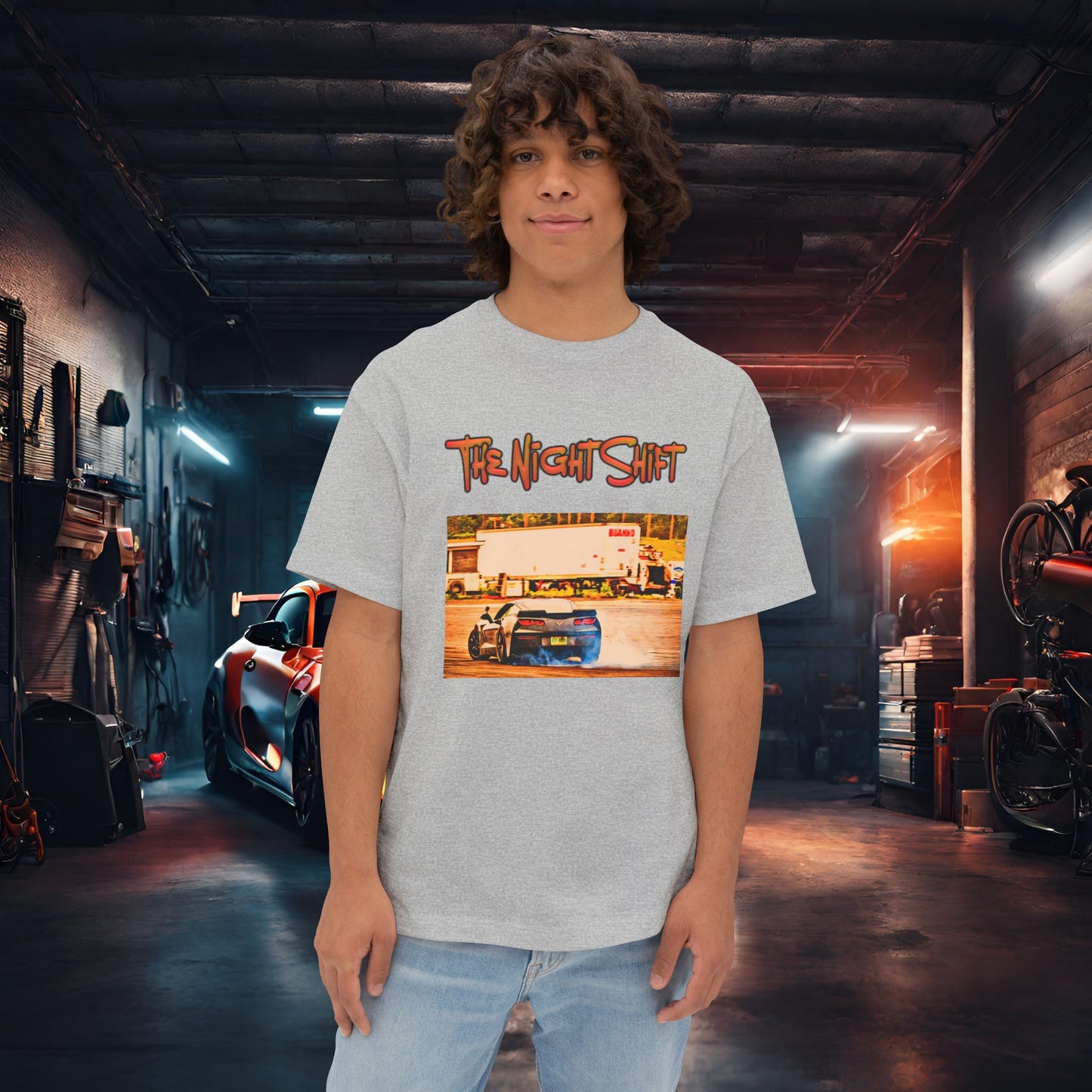 Chevy Corvette C7 Drifting Lebanon Valley-Premium, Ultra Soft Unisex Oversized Boxy Tee Athletic Heather Printify by The Night Shift Automotive Apparel