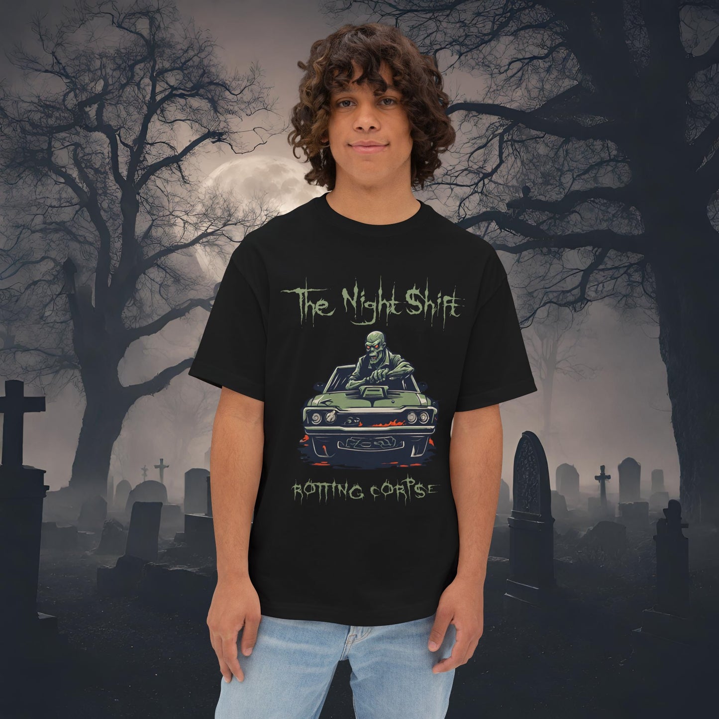 Rotting Corpse Zombie-Premium, Ultra Soft Unisex Oversized Boxy Tee Black Printify by The Night Shift Automotive Apparel