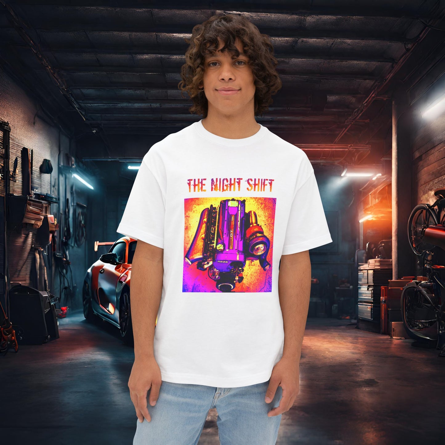 RB26DETT Synthwave-Premium, Ultra Soft Unisex Oversized Boxy Tee White Printify by The Night Shift Automotive Apparel