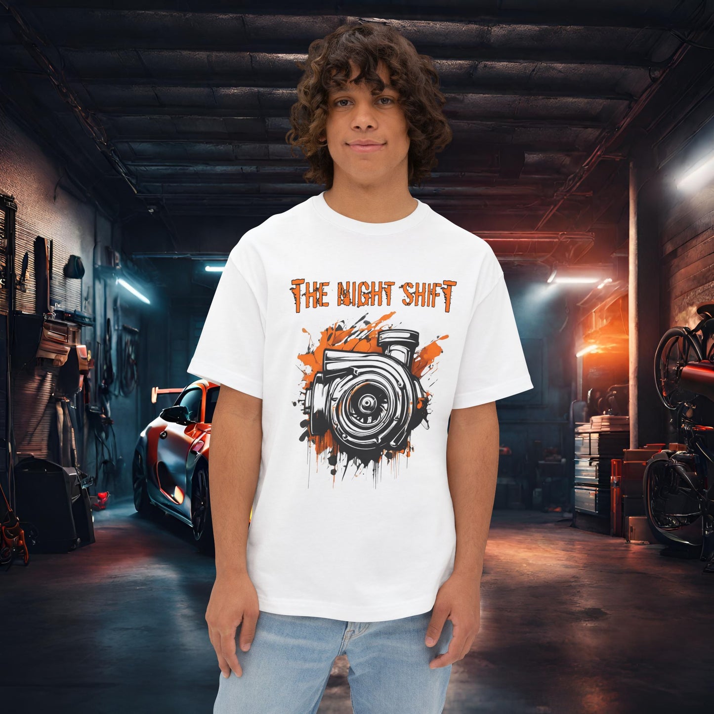Graffiti Turbo-Premium, Ultra Soft Unisex Oversized Boxy Tee White Printify by The Night Shift Automotive Apparel