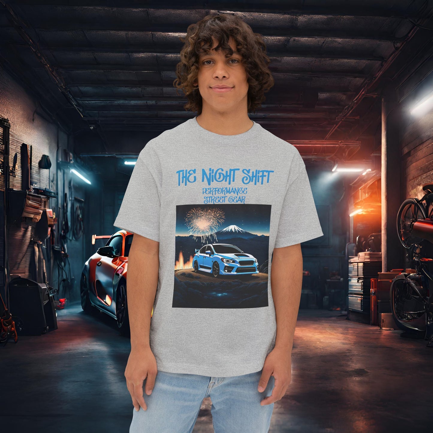 Subaru WRX/STI Fireworks In The Mountains - Premium, Ultra Soft Unisex Oversized Boxy Tee Athletic Heather Printify by The Night Shift Automotive Apparel