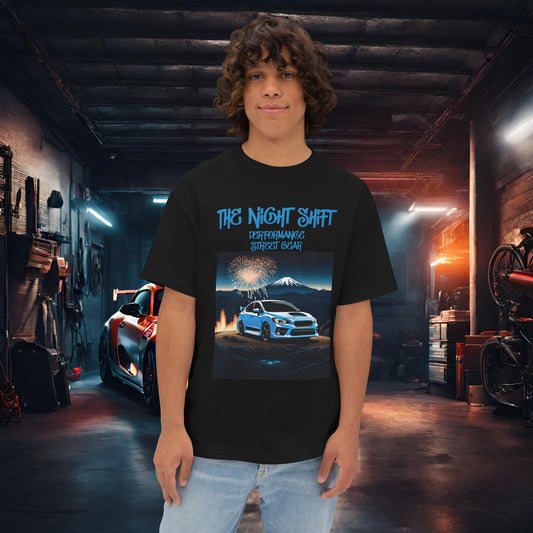 Subaru WRX/STI Fireworks In The Mountains - Premium, Ultra Soft Unisex Oversized Boxy Tee Black Printify by The Night Shift Automotive Apparel