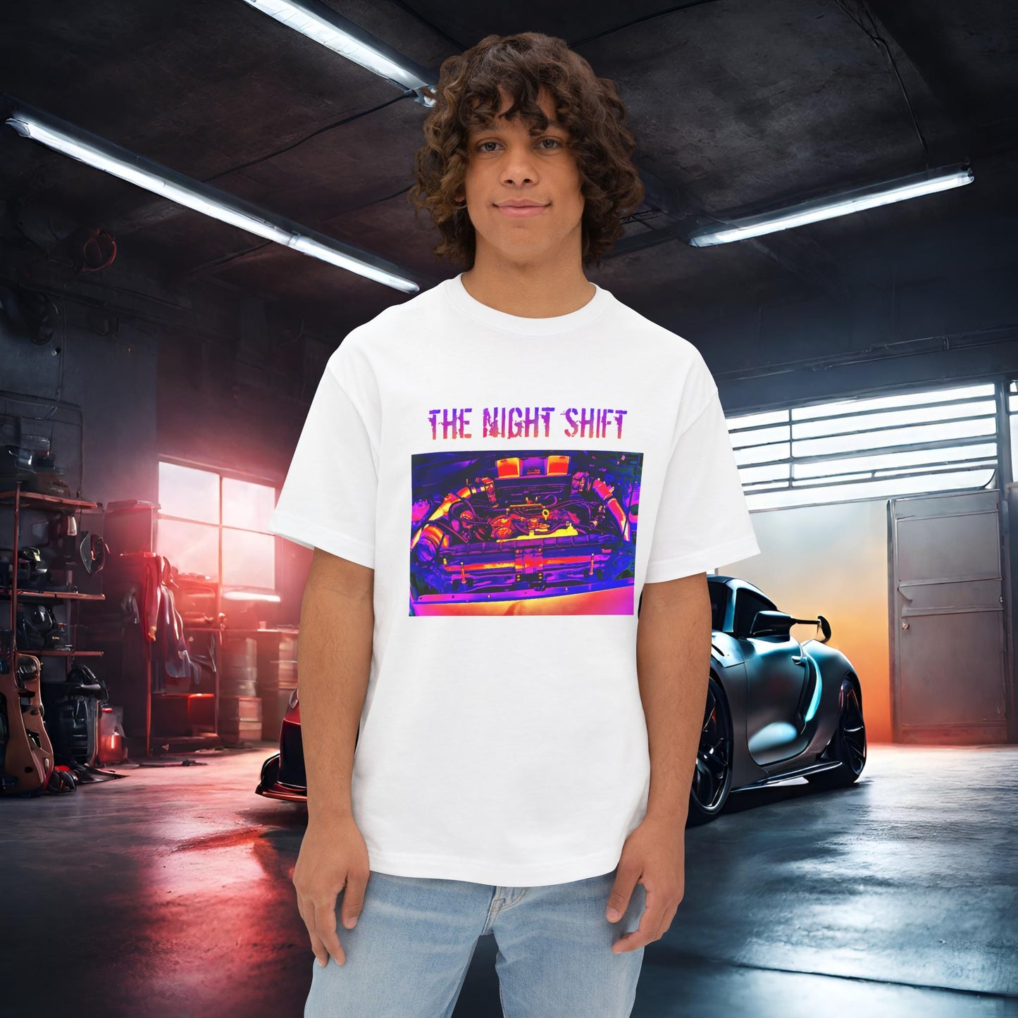 VQ37VHR Single Turbo-Premium, Ultra Soft Synthwave Unisex Oversized Boxy Tee White Printify by The Night Shift Automotive Apparel