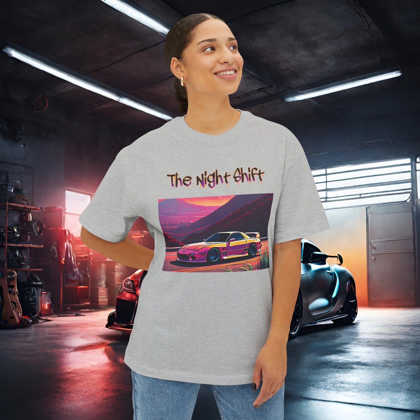 Mazda RX7 Synthwave-Premium, Ultra Soft Unisex Oversized Boxy Tee Printify by The Night Shift Automotive Apparel