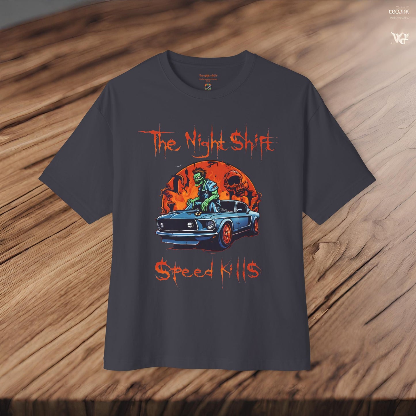 Speed Kills Zombie Mustang-Premium, Ultra Soft Unisex Oversized Boxy Tee Printify by The Night Shift Automotive Apparel