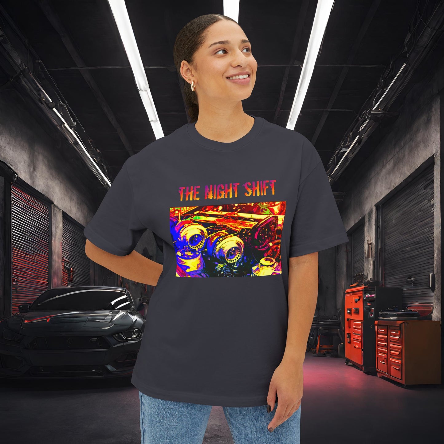 1JZ-GTE Twin Turbo Synthwave-Premium, Ultra Soft Unisex Oversized Boxy Tee Printify by The Night Shift Automotive Apparel
