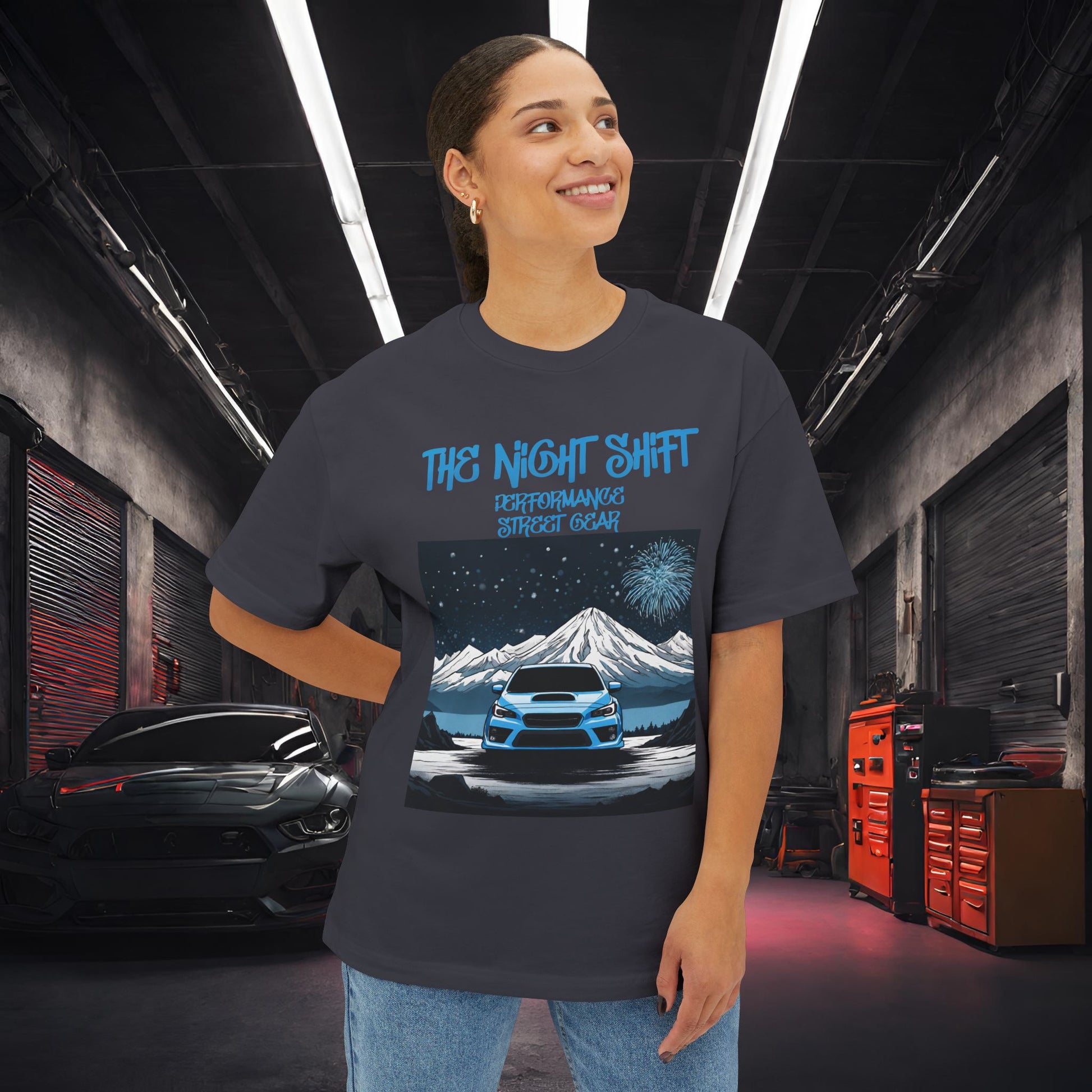 Subaru WRX Fireworks In The Mountains-Premium, Ultra Soft Unisex Oversized Boxy Tee Printify by The Night Shift Automotive Apparel