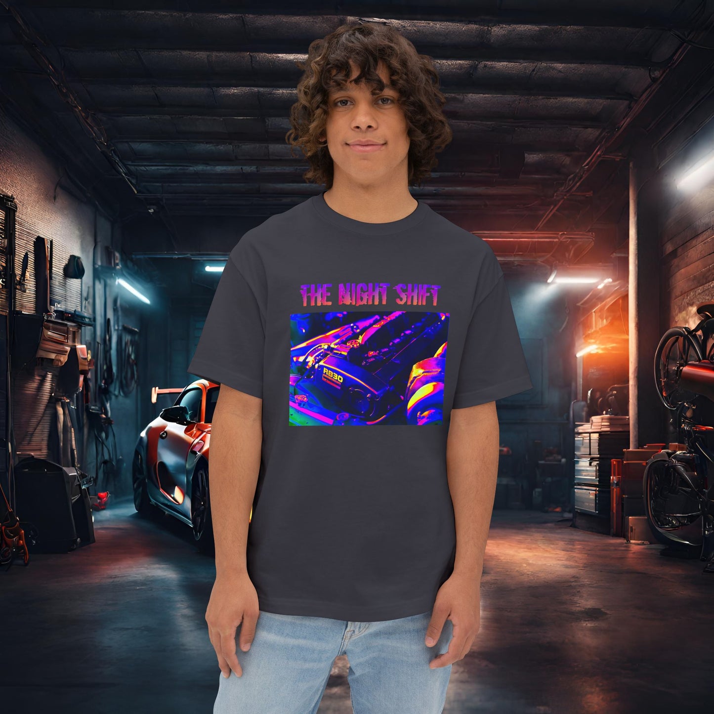 RB30 Synthwave-Premium, Ultra Soft Unisex Oversized Boxy Tee Dark Grey Printify by The Night Shift Automotive Apparel