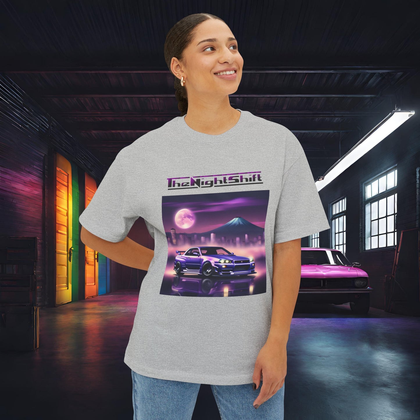 Nissan Skyline R34 Mt Fuji-Premium, Ultra Soft, Unisex Oversized Boxy Tee Printify by The Night Shift Automotive Apparel