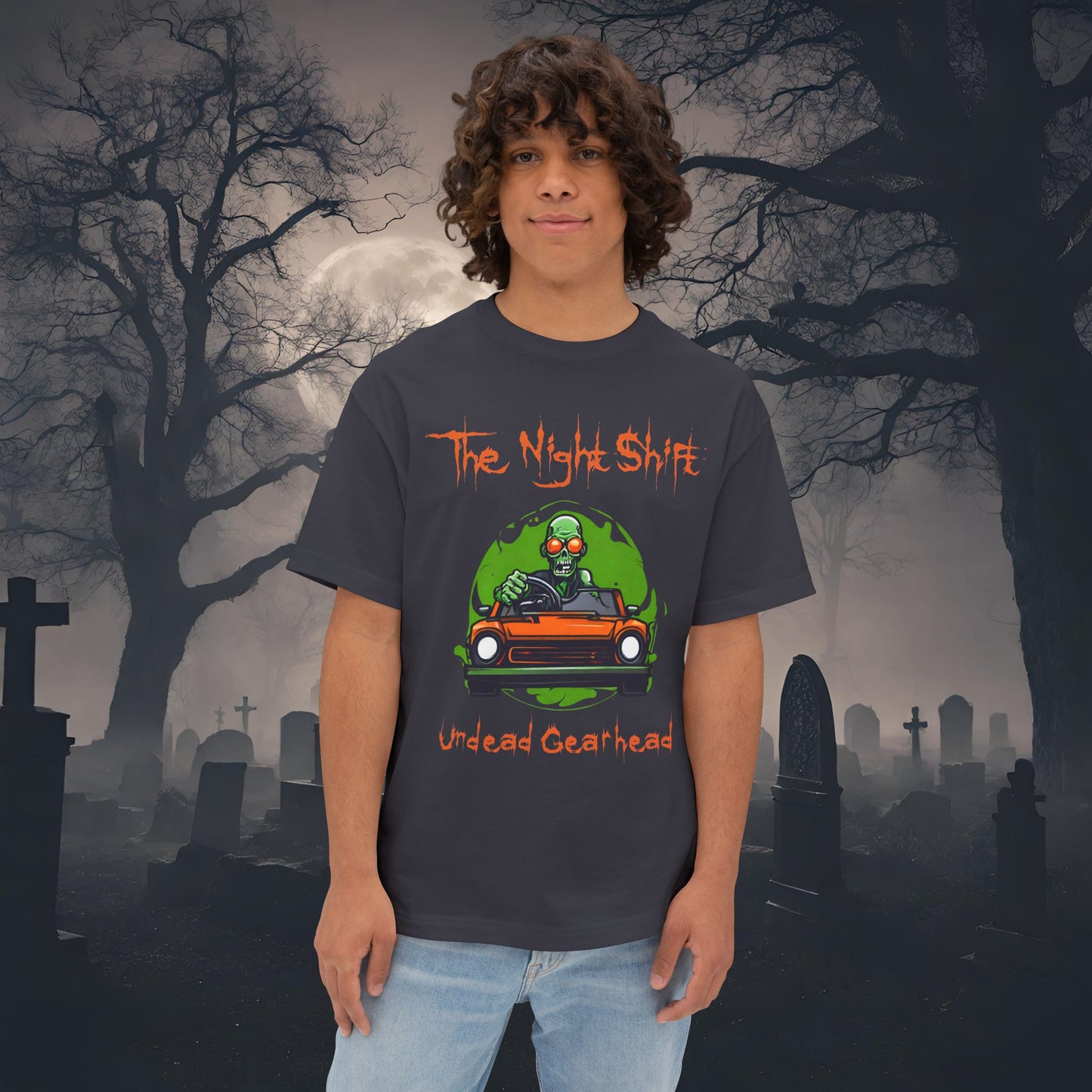 Undead Gearhead Zombie-Premium, Ultra Soft Unisex Oversized Boxy Tee Dark Grey Printify by The Night Shift Automotive Apparel