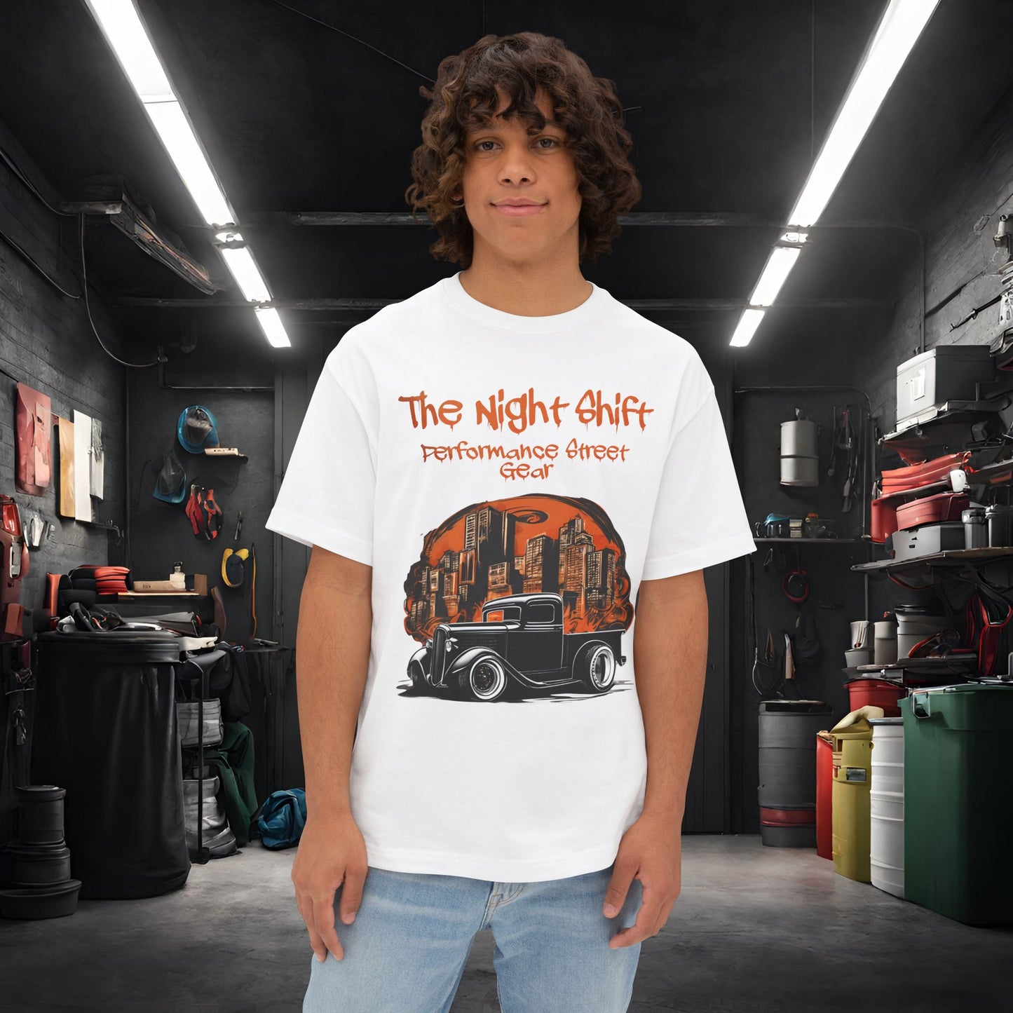 1930's Hot Rod Pick Up Urban Streets-Premium, Ultra Soft Unisex Oversized Boxy Tee White Printify by The Night Shift Automotive Apparel