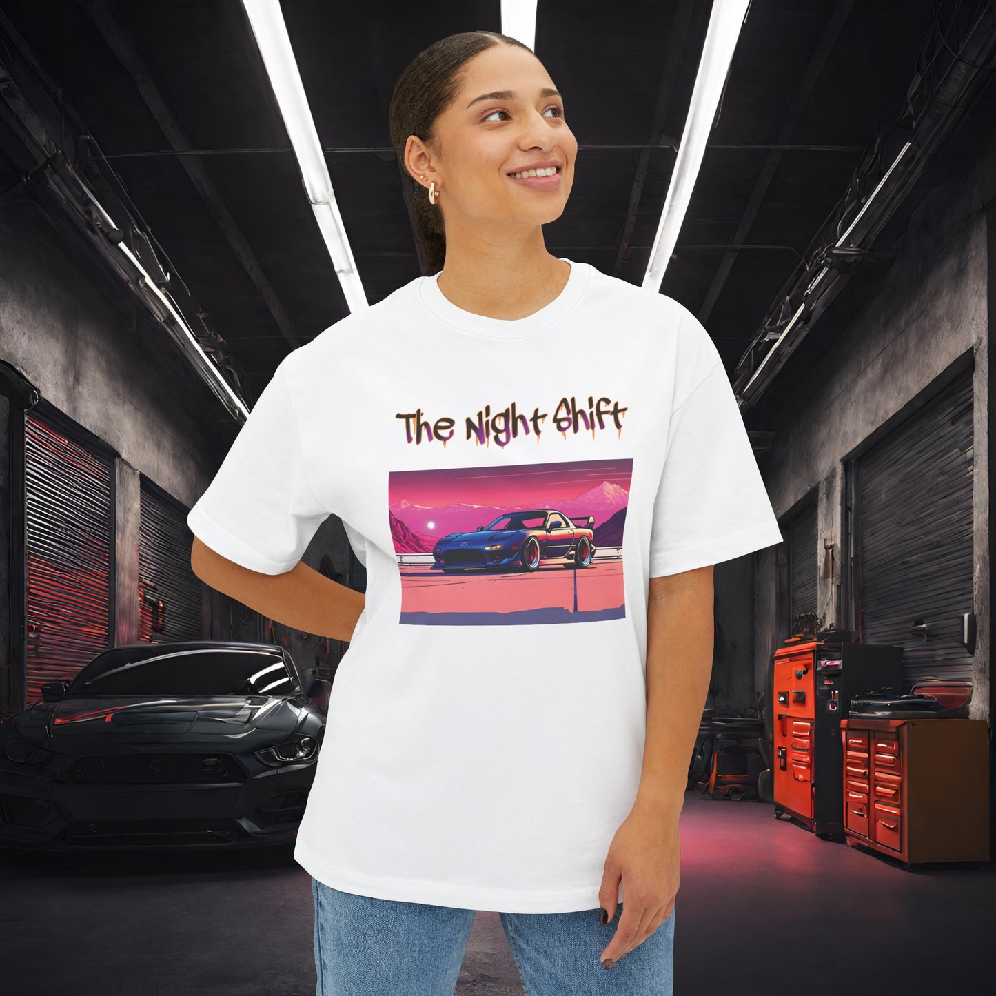Mazda RX7 Synthwave-Premium, Ultra Soft Unisex Oversized Boxy Tee Printify by The Night Shift Automotive Apparel