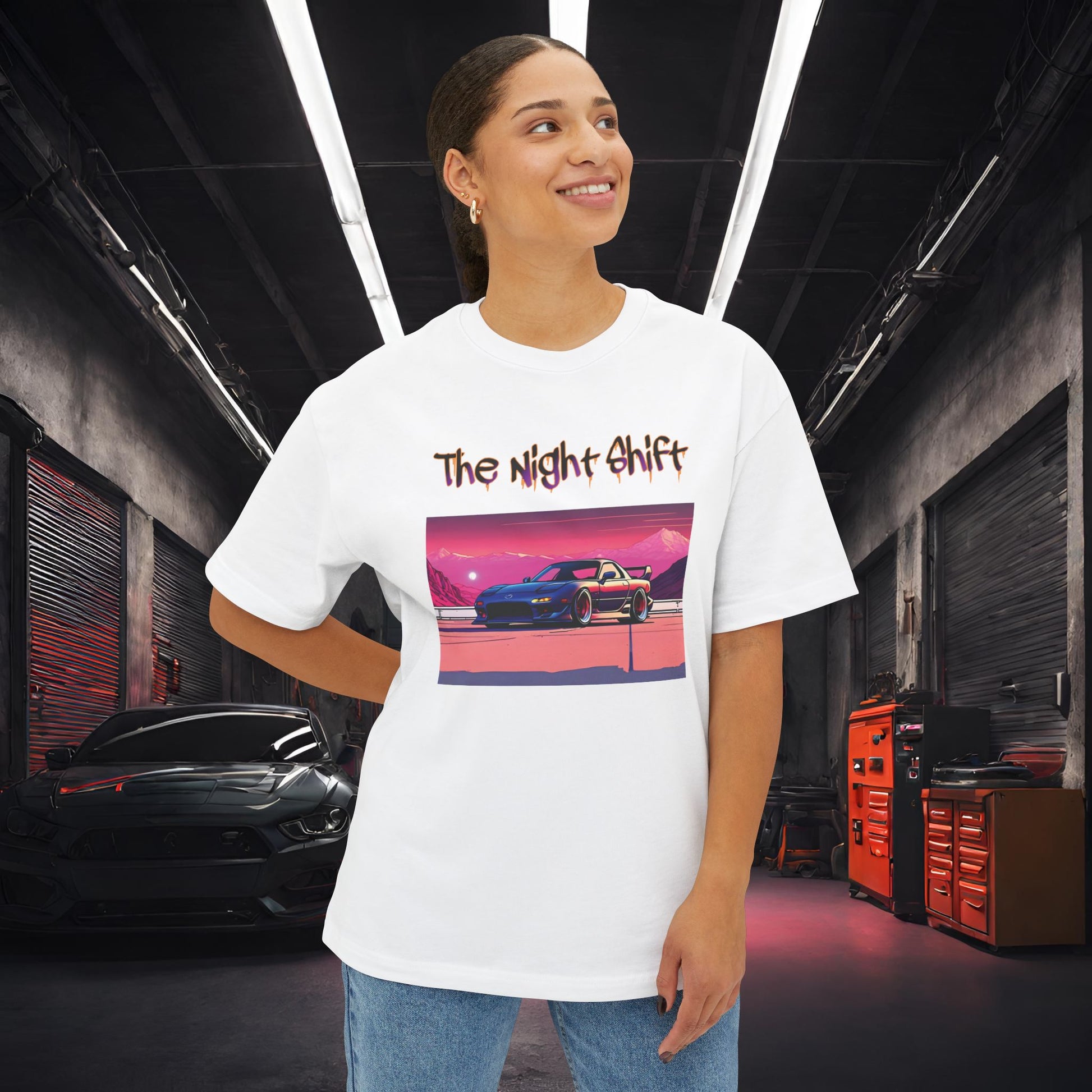 Mazda RX7 Synthwave-Premium, Ultra Soft Unisex Oversized Boxy Tee Printify by The Night Shift Automotive Apparel