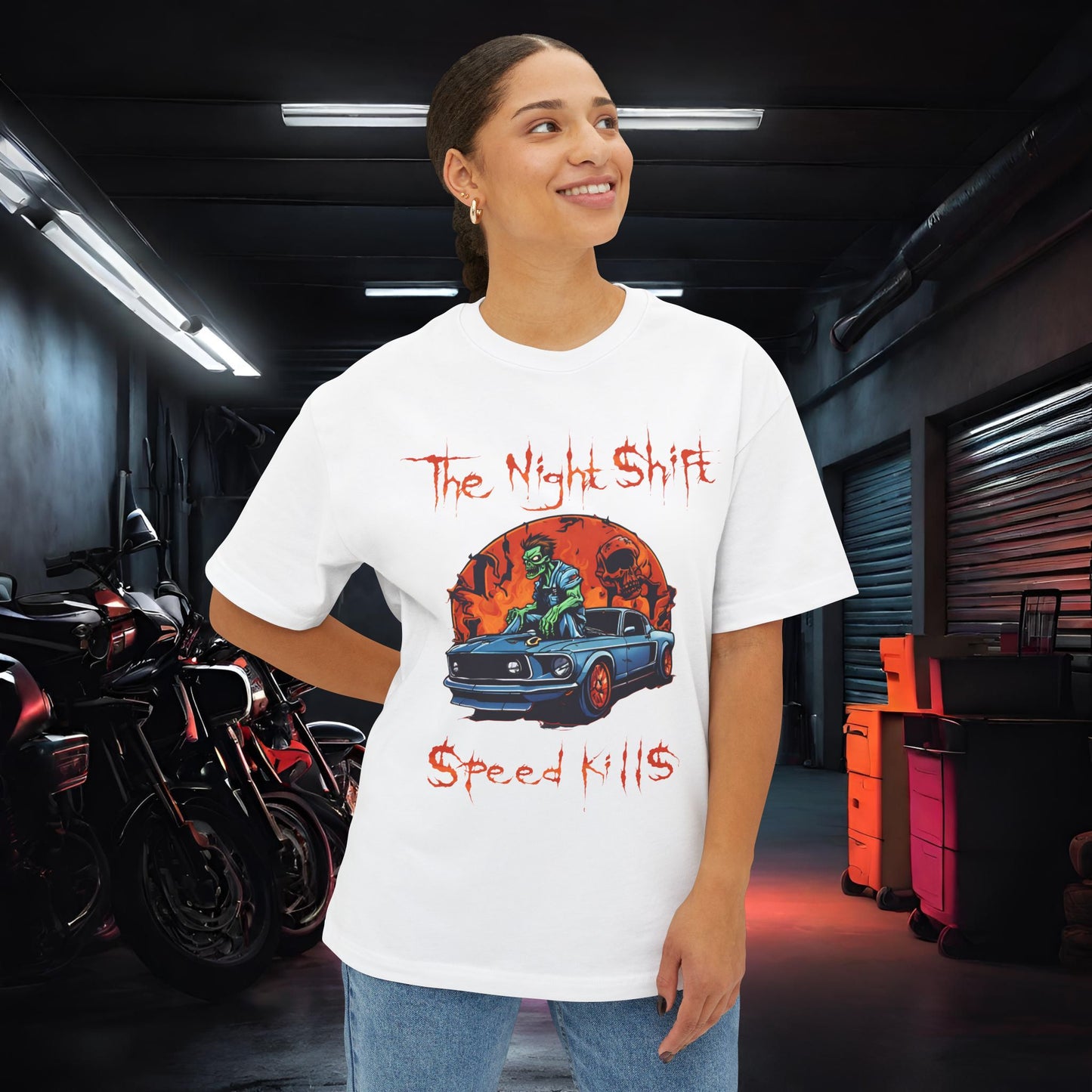 Speed Kills Zombie Mustang-Premium, Ultra Soft Unisex Oversized Boxy Tee Printify by The Night Shift Automotive Apparel