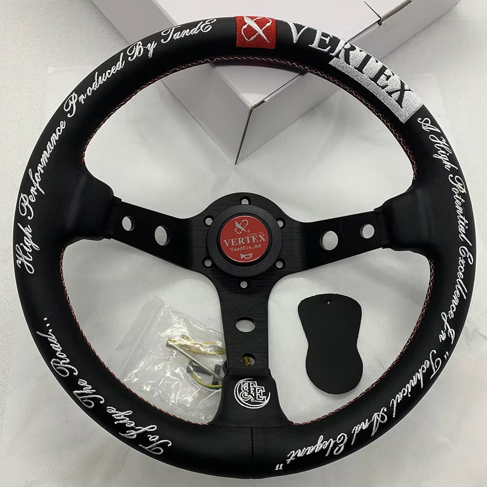 VERTEX Lang 330mm Genuine Leather Embroidered Deep Dish Steering Wheel Text The Night Shift Performance Street Gear by The Night Shift Automotive Apparel