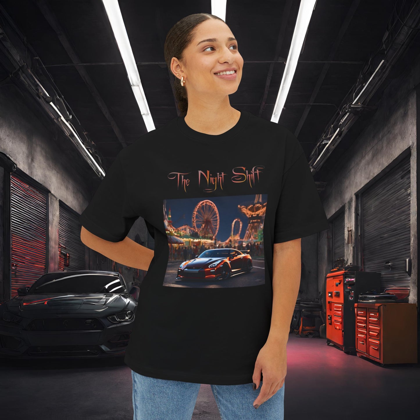 Nissan GTR R35 Amusement Park-Premium, Ultra Soft Unisex Oversized Boxy Tee Printify by The Night Shift Automotive Apparel