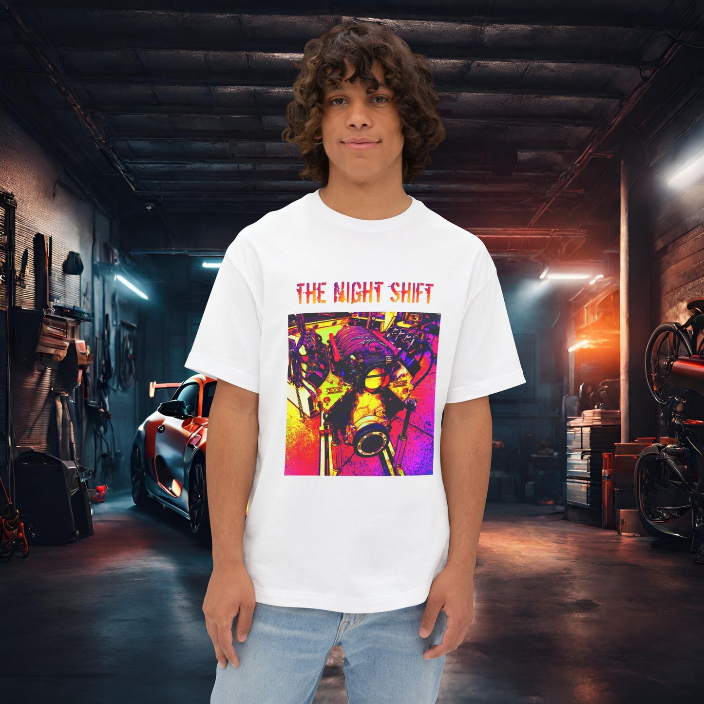 LS-X Synthwave-Premium, Ultra Soft Unisex Oversized Boxy Tee White Printify by The Night Shift Automotive Apparel