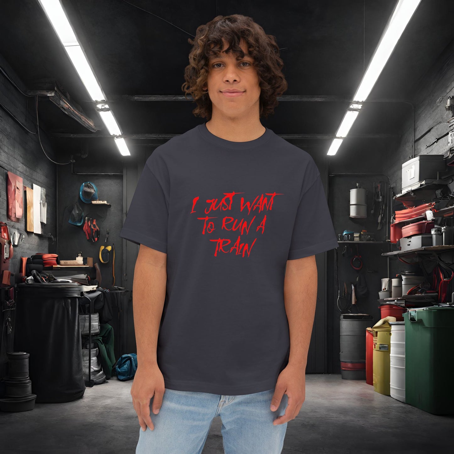 I Just Want To Run A Train-Premium, Ultra Soft Unisex Oversized Boxy Tee Dark Grey Printify by The Night Shift Automotive Apparel