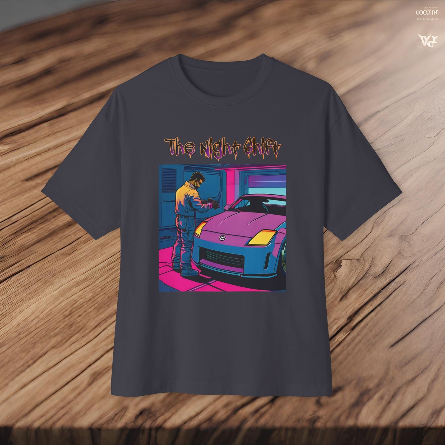 Nissan 350z Garage Queen Synthwave-Premium, Ultra Soft Unisex Oversized Boxy Tee Printify by The Night Shift Automotive Apparel