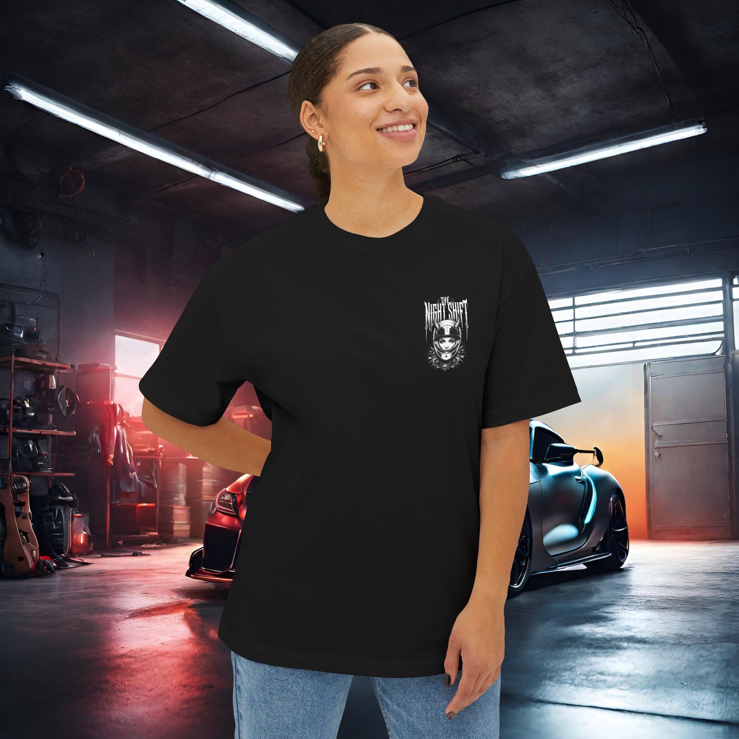 The Night Shift Track Queen-Premium, Ultra Soft Unisex Oversized Boxy Tee Printify by The Night Shift Automotive Apparel