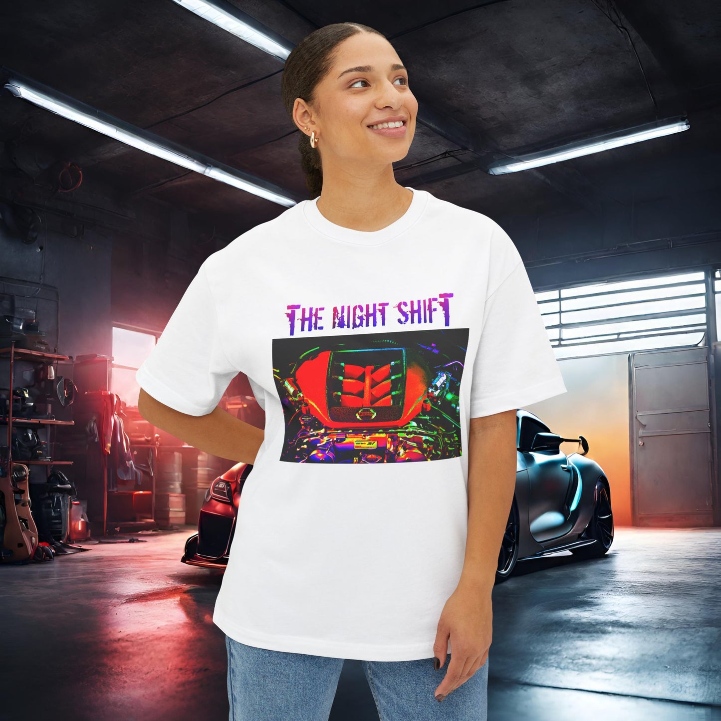 VR38DETT Synthwave-Premium, Ultra SoftUnisex Oversized Boxy Tee Printify by The Night Shift Automotive Apparel
