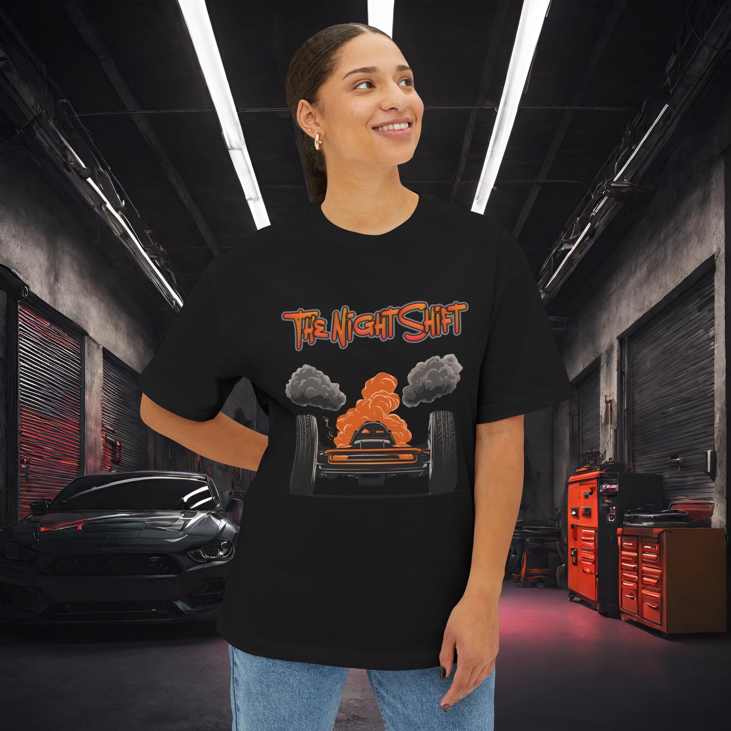 Alien UFO Big Tire Drag Racer -Premium, Ultra Soft Unisex Oversized Boxy Tee Printify by The Night Shift Automotive Apparel