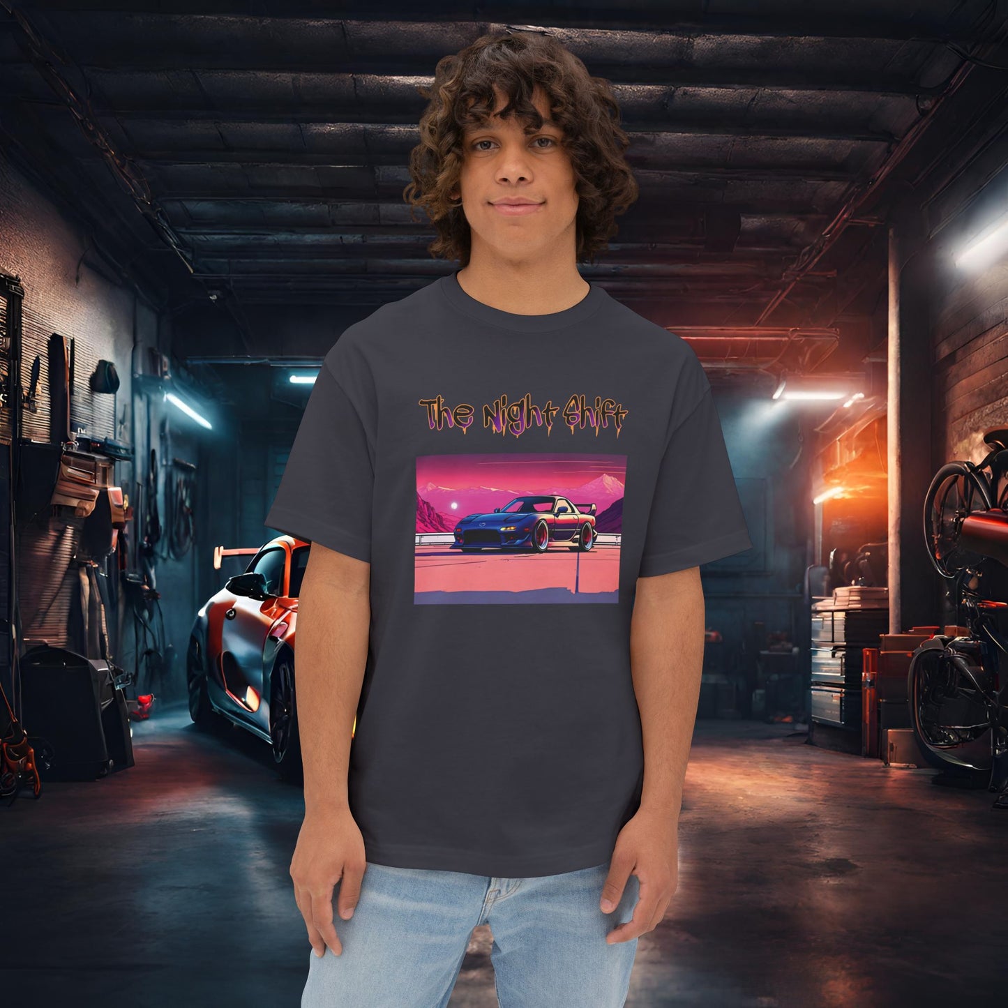 Mazda RX7 Synthwave-Premium, Ultra Soft Unisex Oversized Boxy Tee Dark Grey Printify by The Night Shift Automotive Apparel