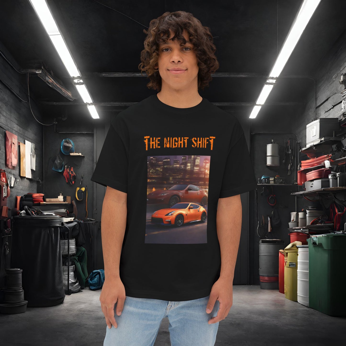 Nissan 370z Nismo Reflection-Premium, Ultra Soft Unisex Oversized Boxy Tee Black Printify by The Night Shift Automotive Apparel
