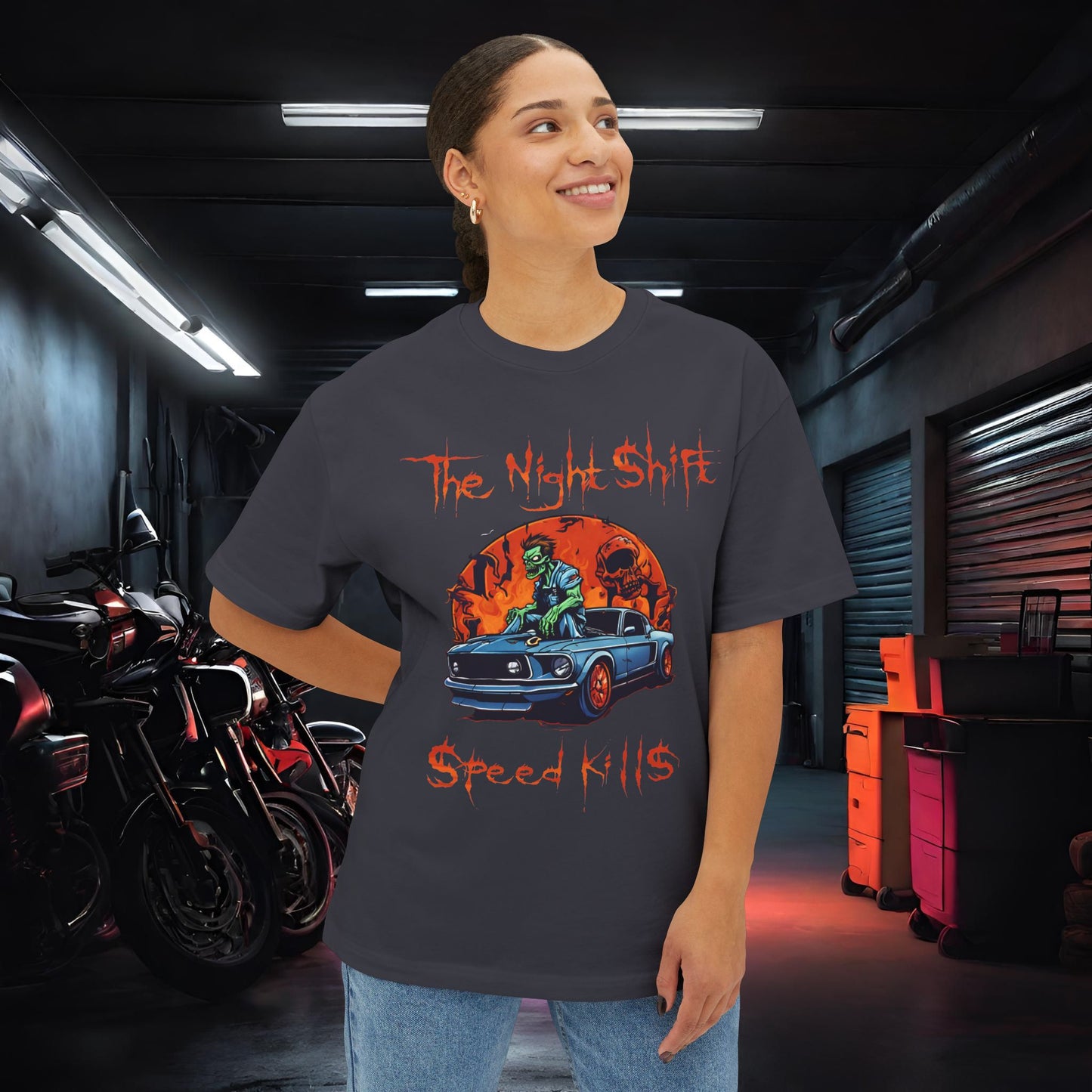 Speed Kills Zombie Mustang-Premium, Ultra Soft Unisex Oversized Boxy Tee Printify by The Night Shift Automotive Apparel