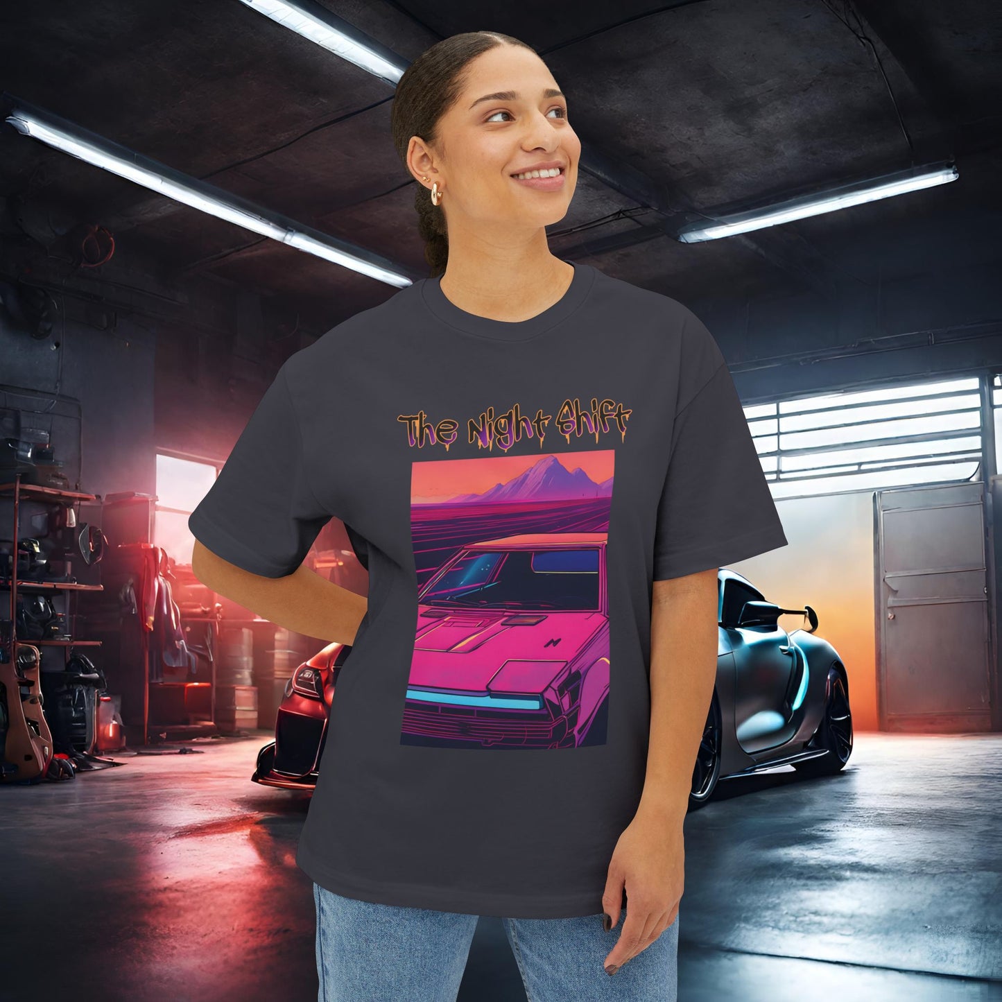 Nostalgic Synthwave-Premium, Ultra Soft Unisex Oversized Boxy Tee Printify by The Night Shift Automotive Apparel