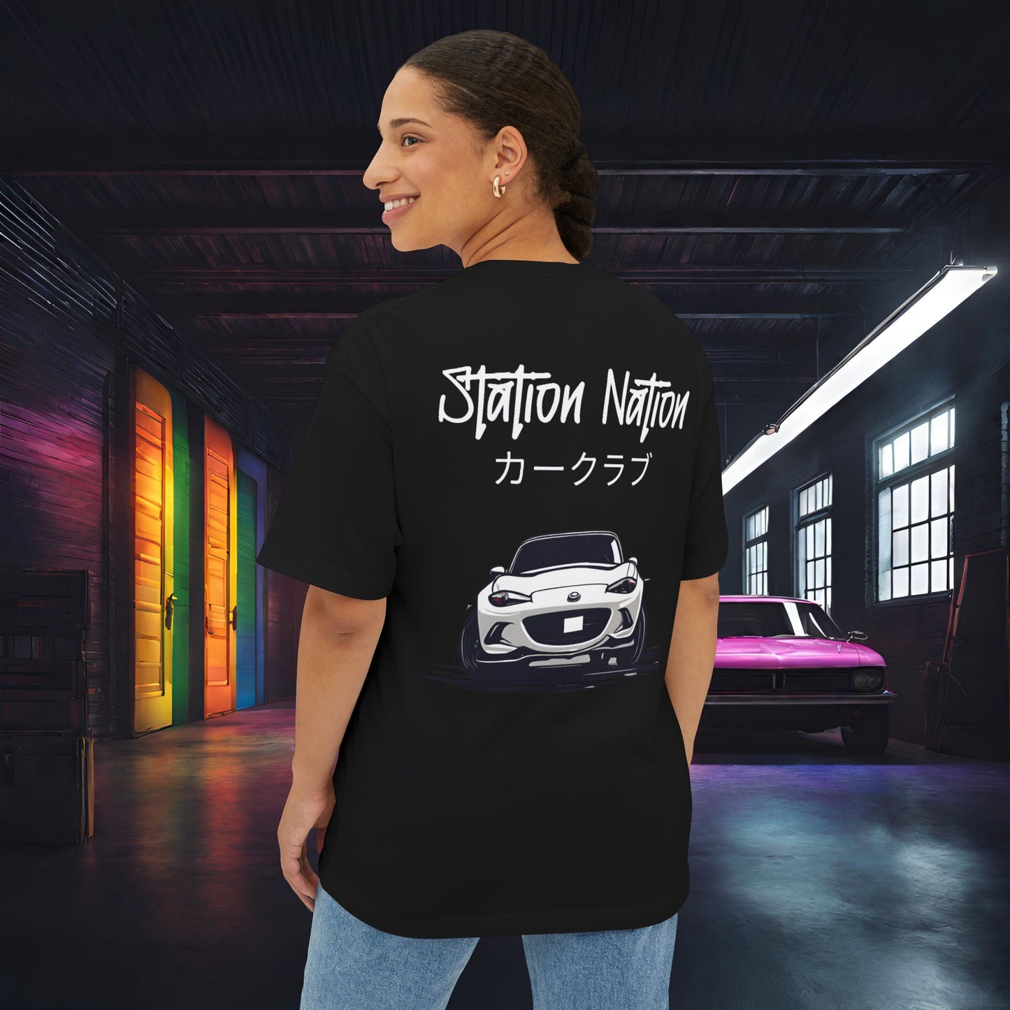 Station Nation-Premium, Ultra Soft Unisex Oversized Boxy Tee Black Printify by The Night Shift Automotive Apparel